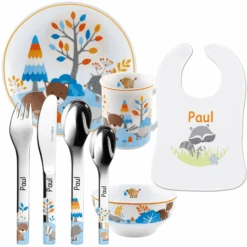 Schnullireich Geschenkset Mit Namen Friends: Puresigns Kinderbesteck + Geschirr + Lätzchen Silber