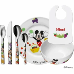 Schnullireich Geschenkset Mit Namen Mickey Mouse: WMF Kinderbesteck + Teller/Schale+ Lätzchen Silber