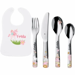 Schnullireich Geschenkset Mit Namen WMF Kinderbesteck Anneli + Baby Lätzchen Einhorn Silber