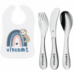 Schnullireich Geschenkset Mit Namen WMF Kinderbesteck Knuddel Mini 3 Tlg. + Lätzchen Blue Rainbow Silber